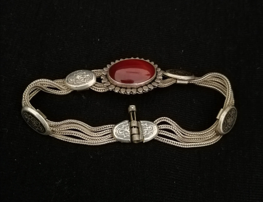 Byzantine Style Carnelian and Silver Multi-Strand Chain Bracelet