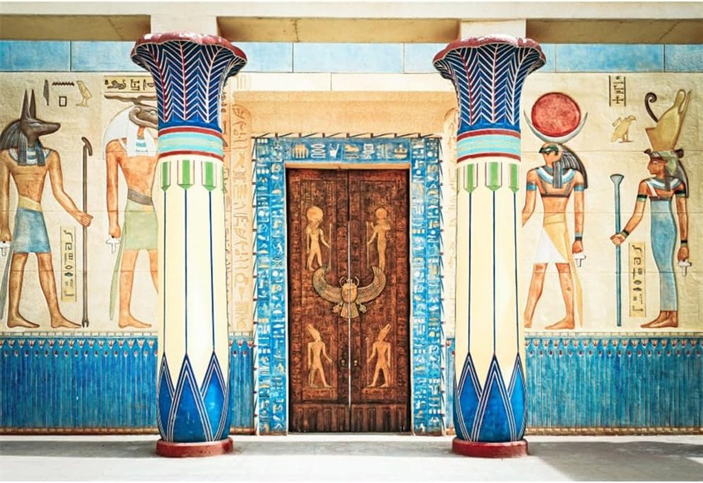 7X5Ft Vinyl Ancient Egyptian Mural Painting Backdrop Pharaoh Hieroglyphics Hand Painted Pillars Religion Artistic Belief Carving Door Photography Background Kids Adults Photo Studio Props