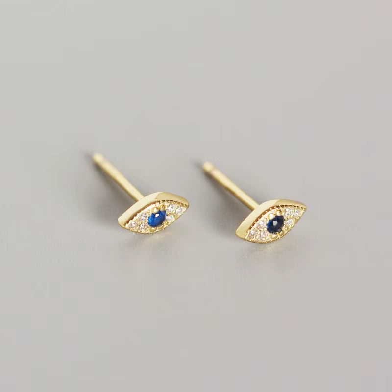 Genuine 100% Sterling Silver Pave Blue Zircon Demon Eyes Stud Earrings for Women Fashion Bihemian Evil Eye Jewelry Gift