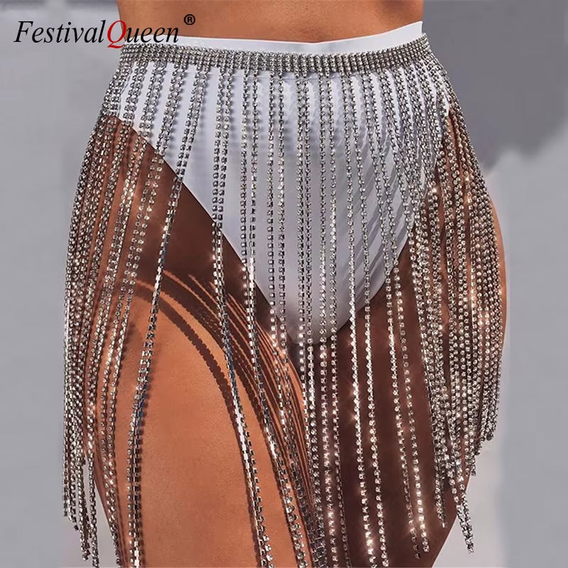 Glitter Rhinestone Long Tassel Jewel Skirts Crystal Diamonds Fringe Adjustable Sexy Women Summer Beach Bikini Mini Skirt