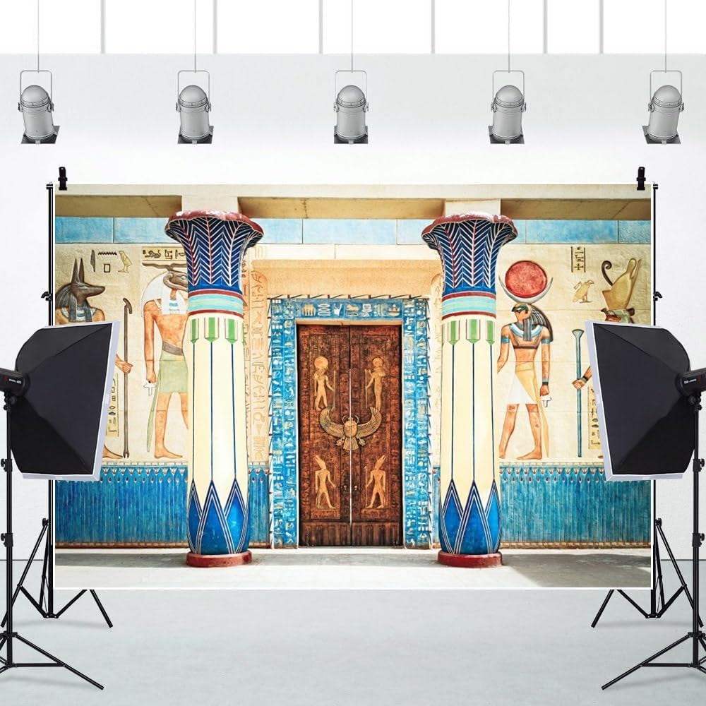 7X5Ft Vinyl Ancient Egyptian Mural Painting Backdrop Pharaoh Hieroglyphics Hand Painted Pillars Religion Artistic Belief Carving Door Photography Background Kids Adults Photo Studio Props