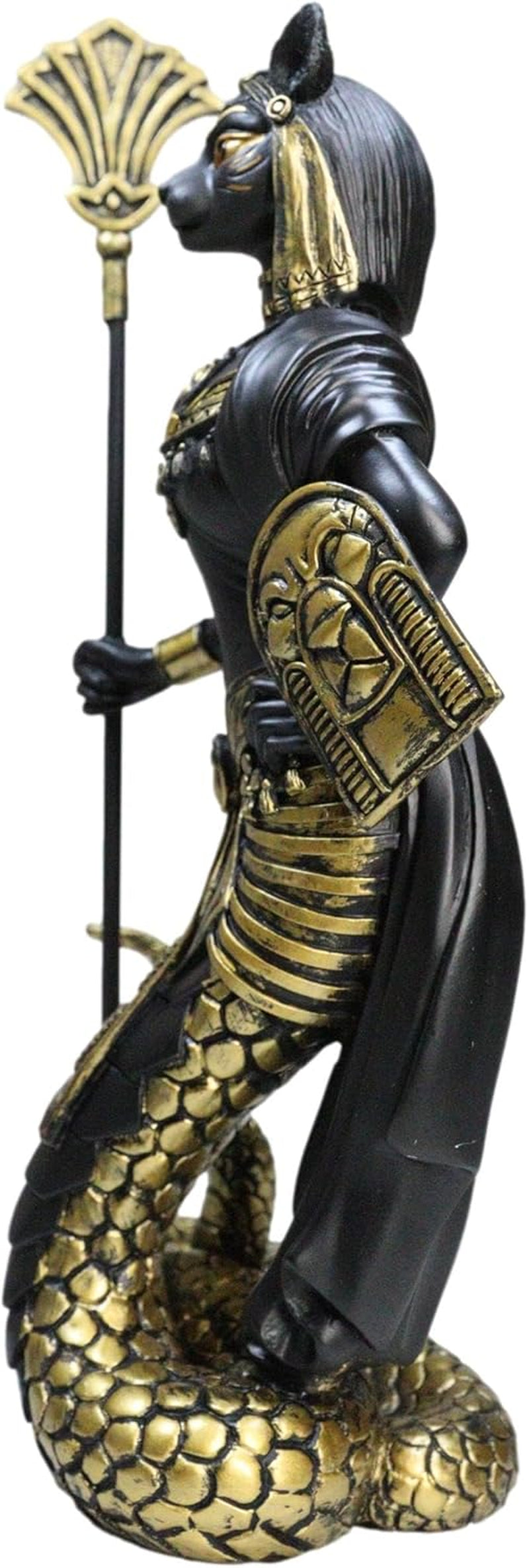 Ebros 11"H Egyptian Feline Goddess Bastet Cat with Slain Snake Apep Tail Holding Spear & Shield Statue 11"H Ubasti Bast Patron of Protection Health Home Harvest Gods of Egypt Figurine (Black and Gold)