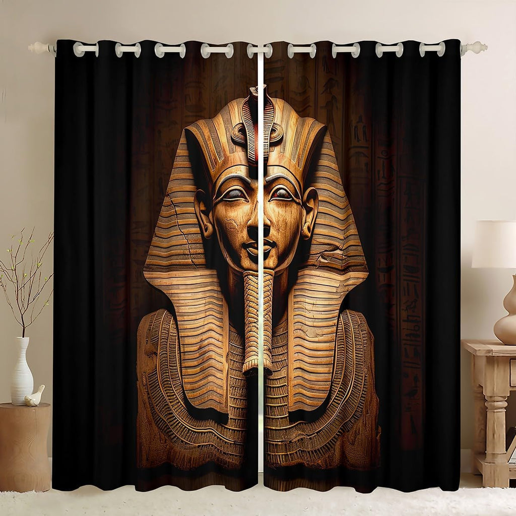 Egyptian Pharaoh Window Drapes, Ancient Egypt Tribe Exotic Retro Egyptian Pyramids Curtains, Decorative Bedroom Living Room Window Curtain Panels, 84W X90L, Brown Black Golden