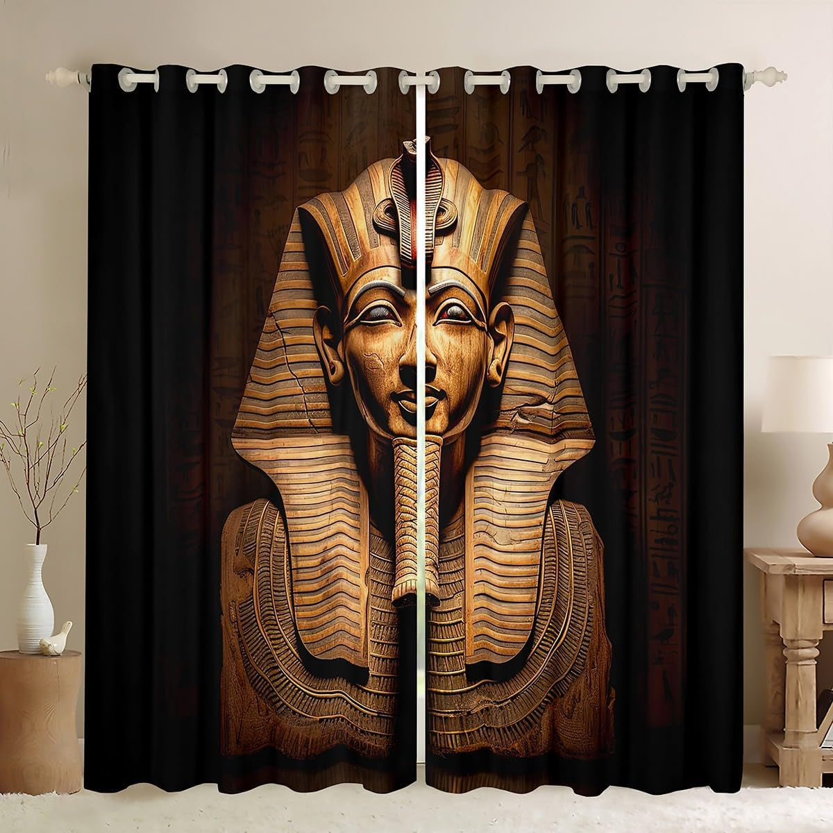 Egyptian Pharaoh Window Drapes, Ancient Egypt Tribe Exotic Retro Egyptian Pyramids Curtains, Decorative Bedroom Living Room Window Curtain Panels, 84W X90L, Brown Black Golden