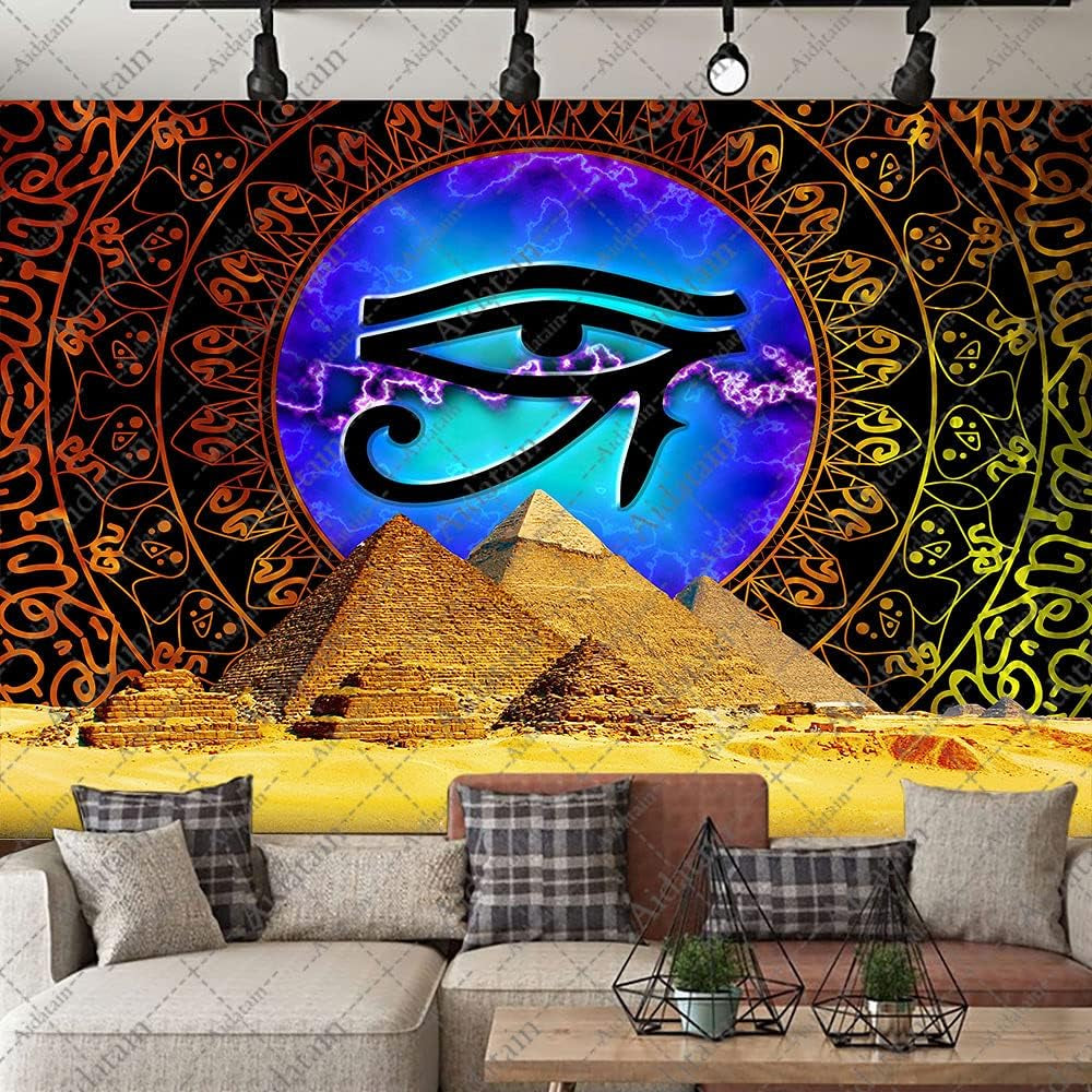 Ancient Egyptian Mythology Pyramid Eye of Horus Mandala Flannel Huge Size 93X71 Inches Tapestry for Bedroom Living Room