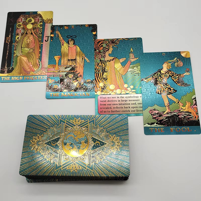 New Gold Tarot Cards Beautiful Waterproof Deck Mystery Board Game Colorful Divination Oracle with Gift Box