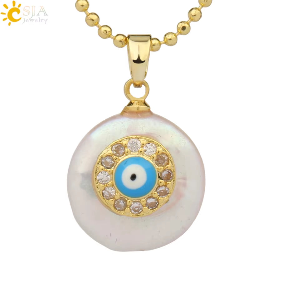 CSJA Coin Freshwater Pearl Pendants Small Size Evil Eye Hamsa Fatima Hand Zircon Gold Color Necklace Choker for Women Girls G205