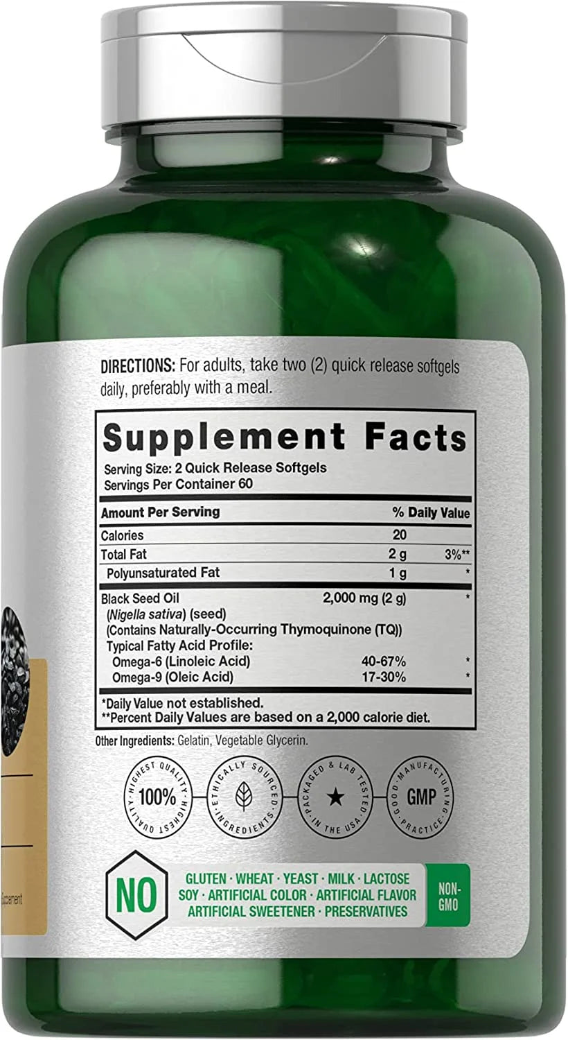 Black Seed Oil 2000Mg | 120 Cold Pressed Softgels | Non-Gmo and Gluten Free | by