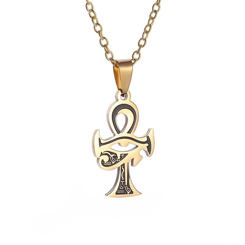 Stainless Steel Ancient Egyptian Ankh Cross Life Key Totem Necklace Men and Women Lucky Amulet Jewelry