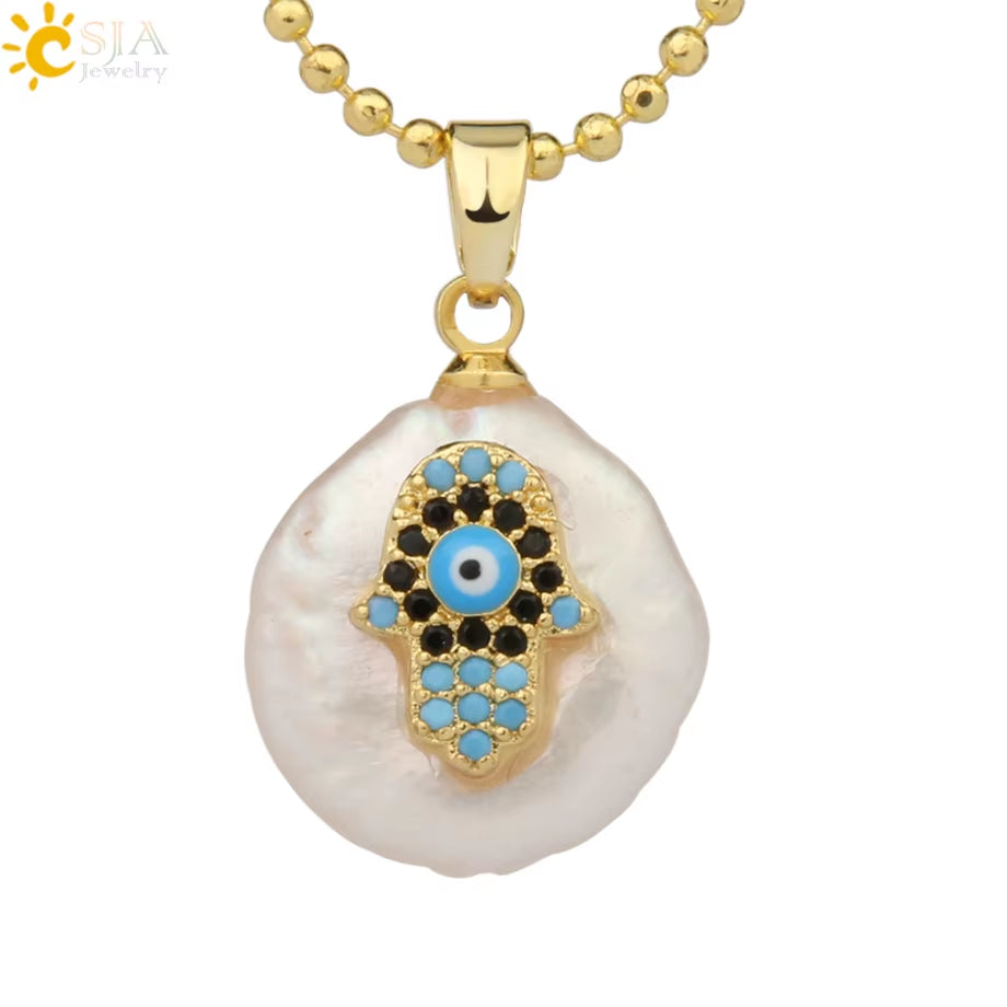 CSJA Coin Freshwater Pearl Pendants Small Size Evil Eye Hamsa Fatima Hand Zircon Gold Color Necklace Choker for Women Girls G205