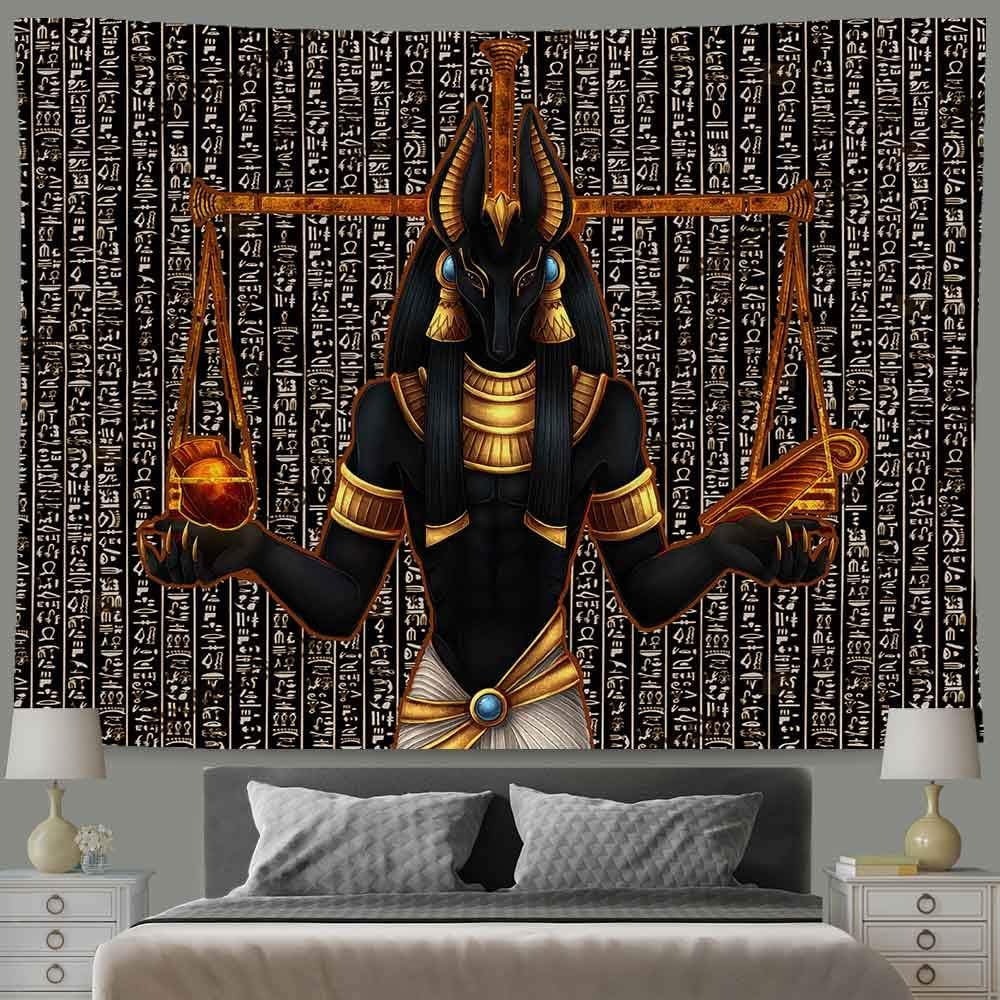 Egyptian Anubis Statue Tapestry Ancient Egypt Religious Mythical Tapestries 80 X60 Inch Egyptian Hieroglyphs Wall Art Decor for Living Room and Bedroom