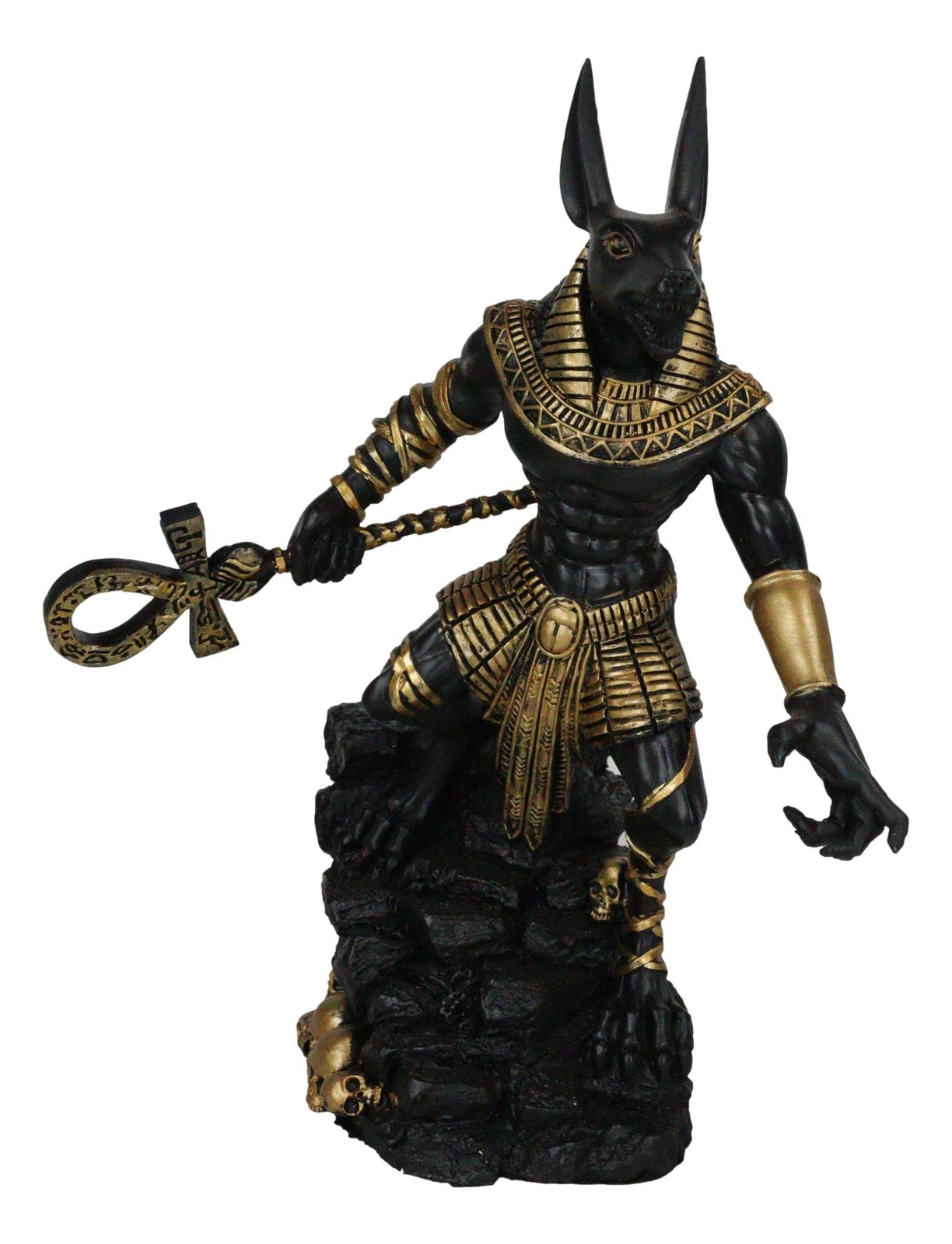Egyptian Jackal God Anubis with Ankh Staff Spear on Skull Graveyard Figurine