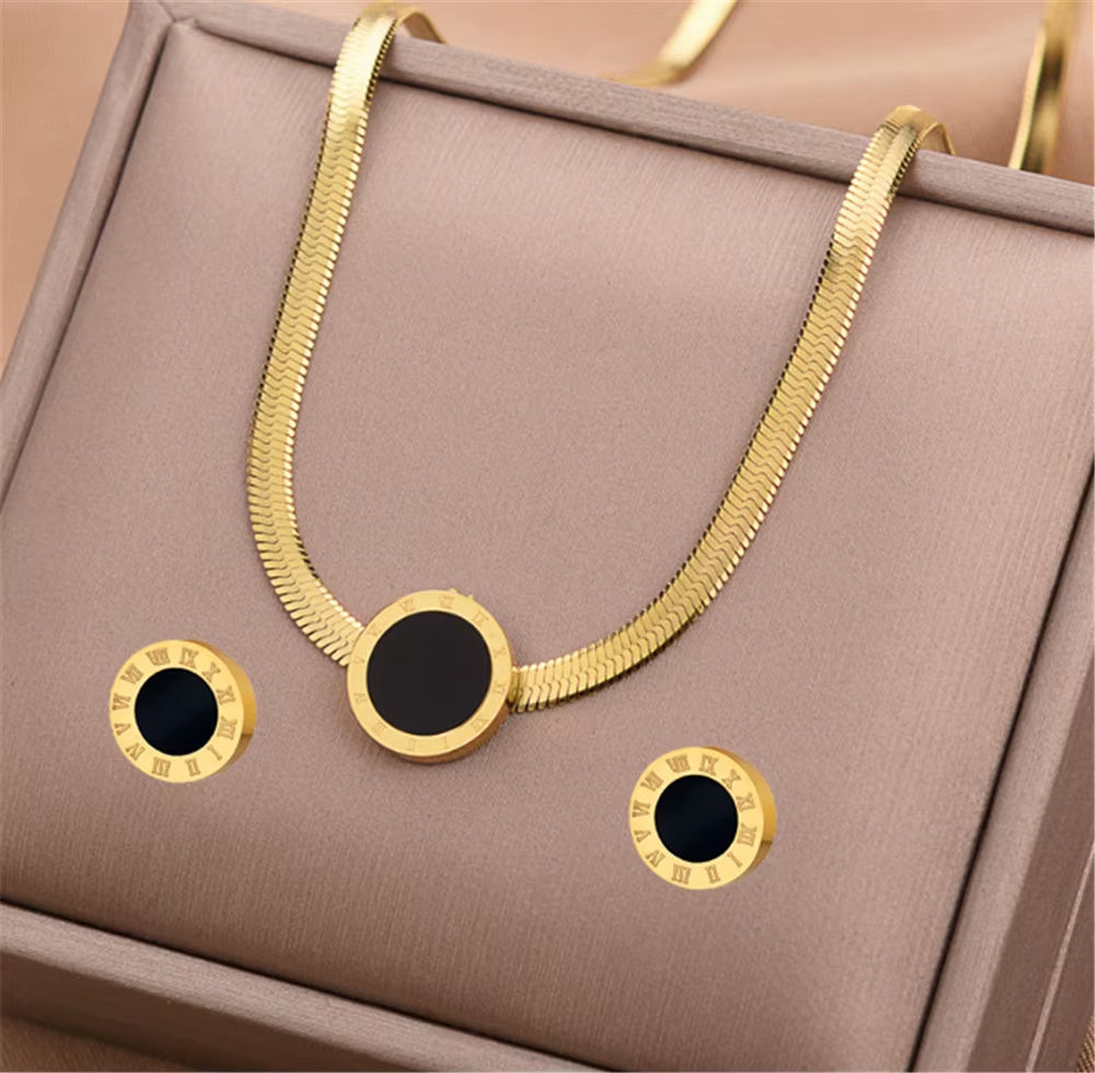 Stainless Steel Jewelry Set Snake Chain Necklace & Roman Numeral - Inscribed Earrings with Black Inlays