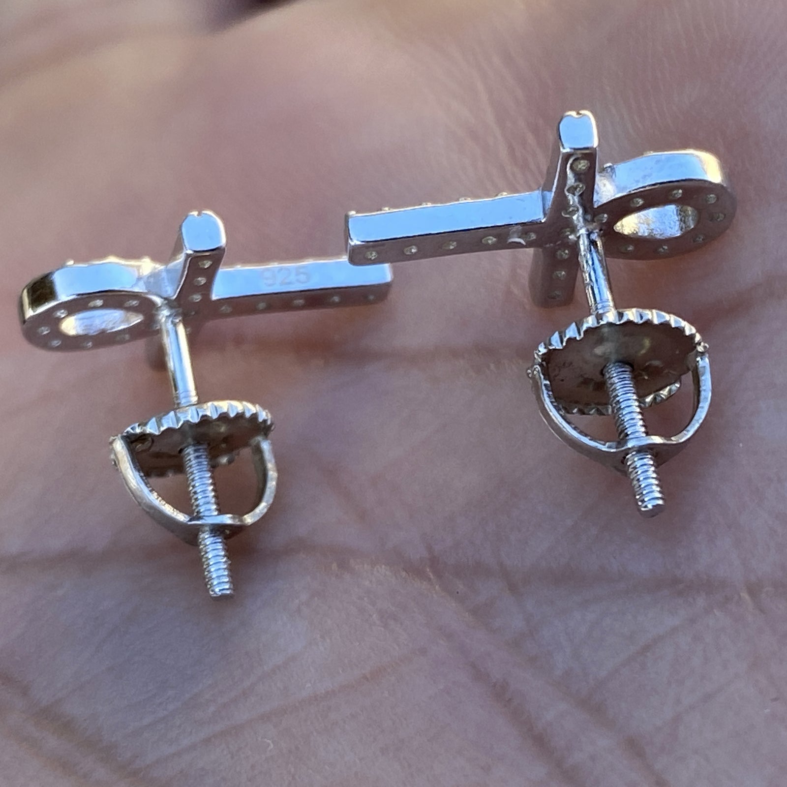 925 Sterling Silver Egyptian Ankh Cross Earrings Iced Flooded Out CZ Screw Back
