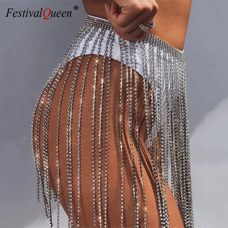 Glitter Rhinestone Long Tassel Jewel Skirts Crystal Diamonds Fringe Adjustable Sexy Women Summer Beach Bikini Mini Skirt