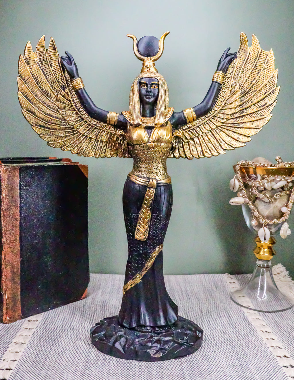 Egyptian Theme Isis with Open Wings Goddess of Magic and Nature Statue Sculpture