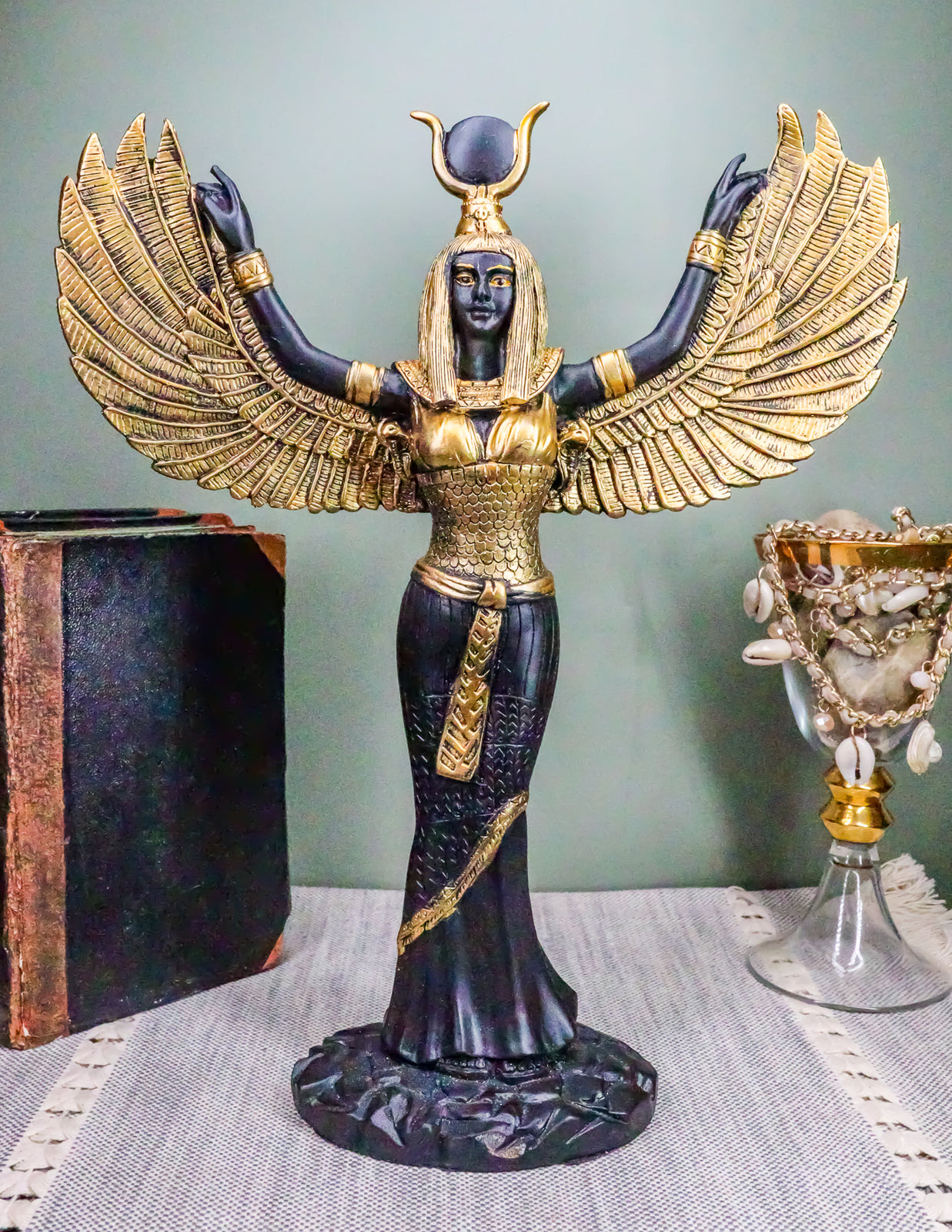Egyptian Theme Isis with Open Wings Goddess of Magic and Nature Statue Sculpture