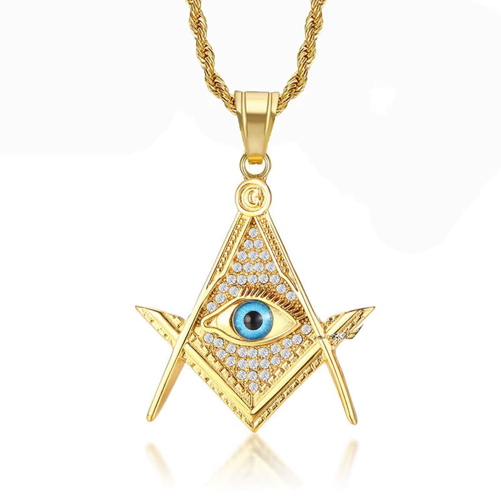 Drop Shipping Hip Hop Iced Out Masonic All-Seeing Eye Pendant Necklace Chain Gold Color Stainless Steel Freemason Mason Jewelry