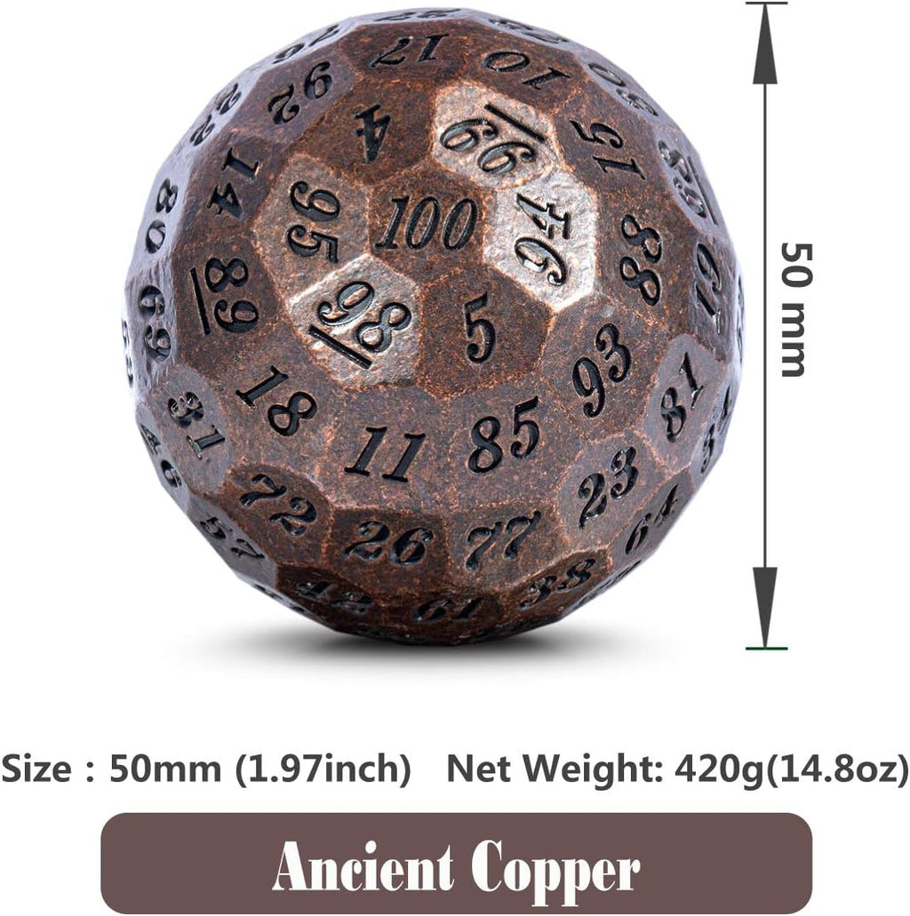 Ancient Copper Metal D100 Dice Single 100 Sided 50Mm Polyhedral Dice with Metal Case and Velvet Pouch(Ancient Copper with Black Number)