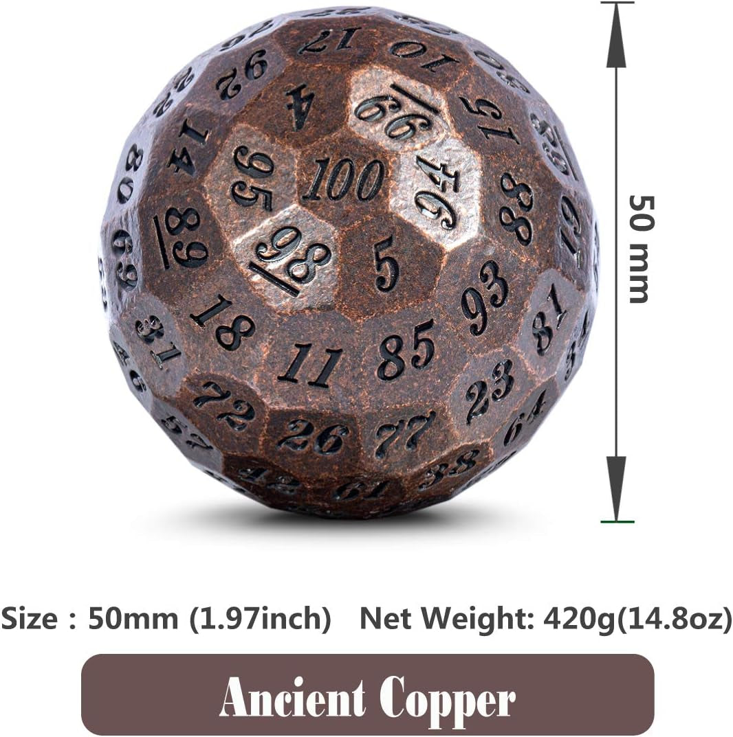 Ancient Copper Metal D100 Dice Single 100 Sided 50Mm Polyhedral Dice with Metal Case and Velvet Pouch(Ancient Copper with Black Number)