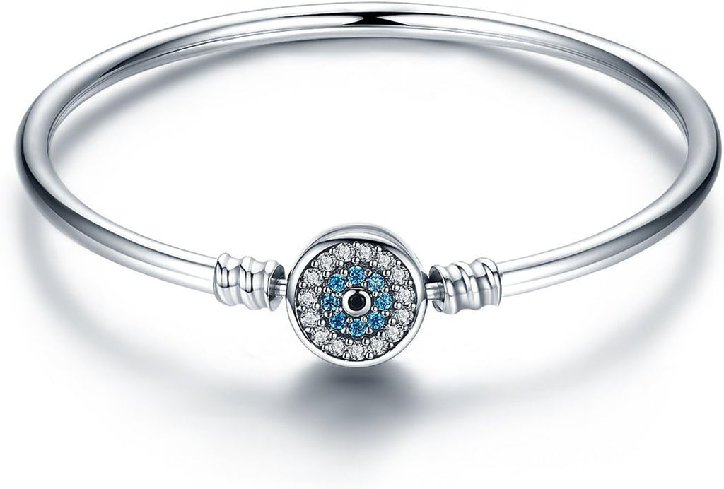 Evil Eye Bracelet Sterling Silver Clasp Charm Bangle Bracelet for Bead Charms with Sapphire Gemstones Evil Eye Clip Lock Stopper(17/19Cm/ 21Cm)