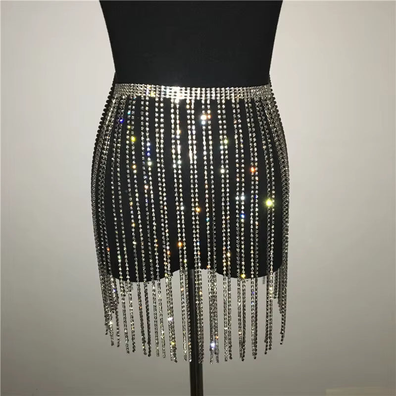 Glitter Rhinestone Long Tassel Jewel Skirts Crystal Diamonds Fringe Adjustable Sexy Women Summer Beach Bikini Mini Skirt