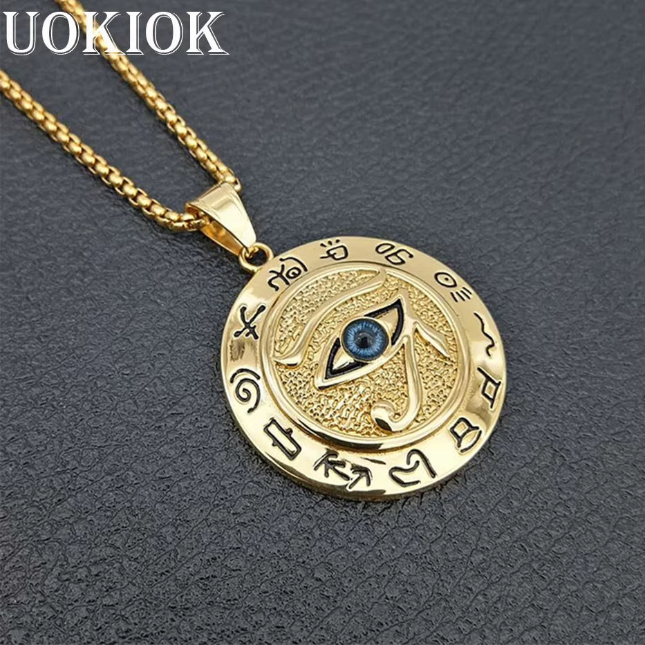 Egyptian the Evil Eye of Horus Pendant Necklace for Women/Men Gold Color Stainless Steel Egypt round Jewelry