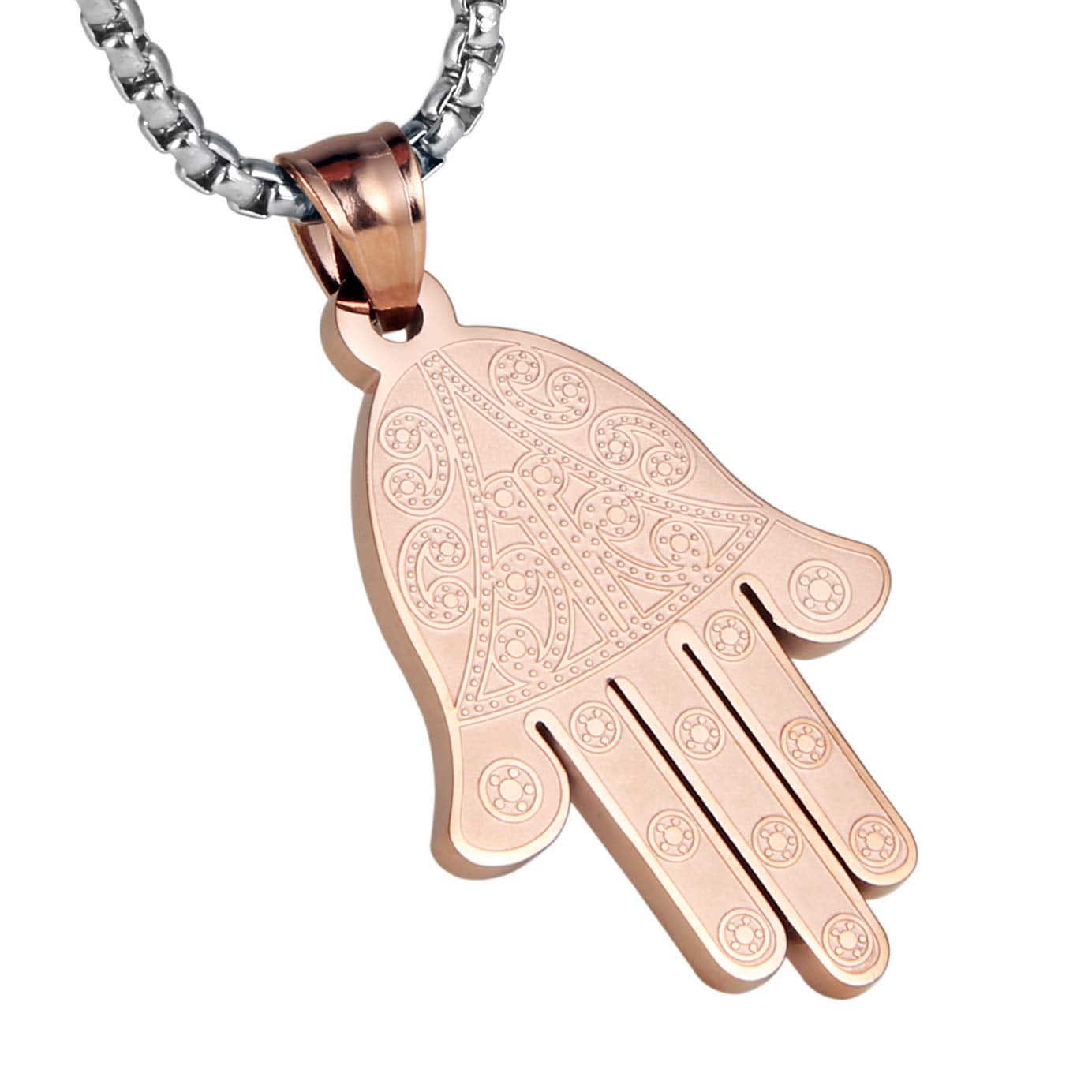 Stainless Steel Egyptian Eye Fatima Hamsa Hand Pendant Necklace Success and Protection Lucky (Rose Gold)