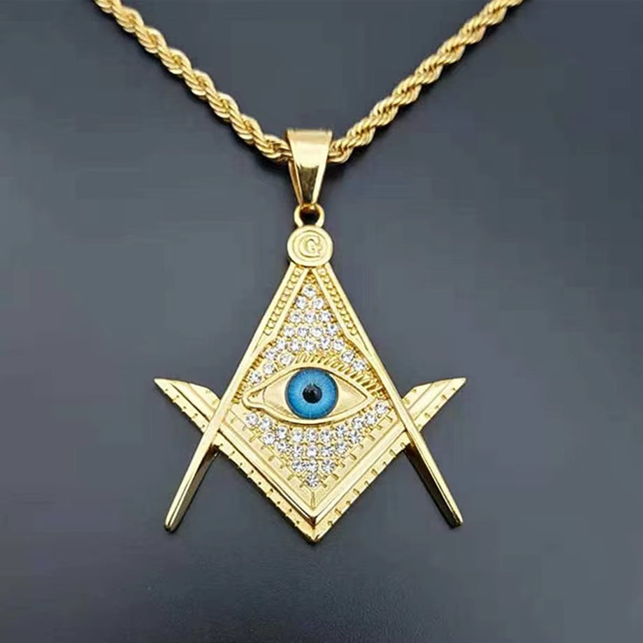Drop Shipping Hip Hop Iced Out Masonic All-Seeing Eye Pendant Necklace Chain Gold Color Stainless Steel Freemason Mason Jewelry