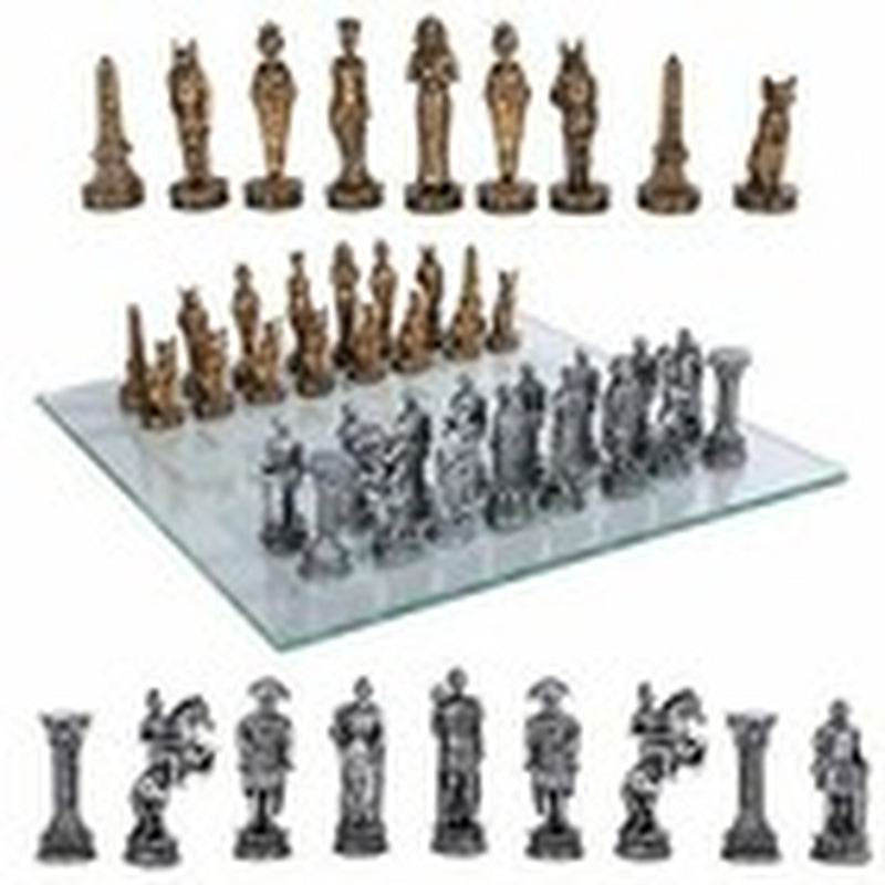 Ebros Kingdoms at War Egyptian VS Roman Army Resin Chess Pieces Glass Board Set