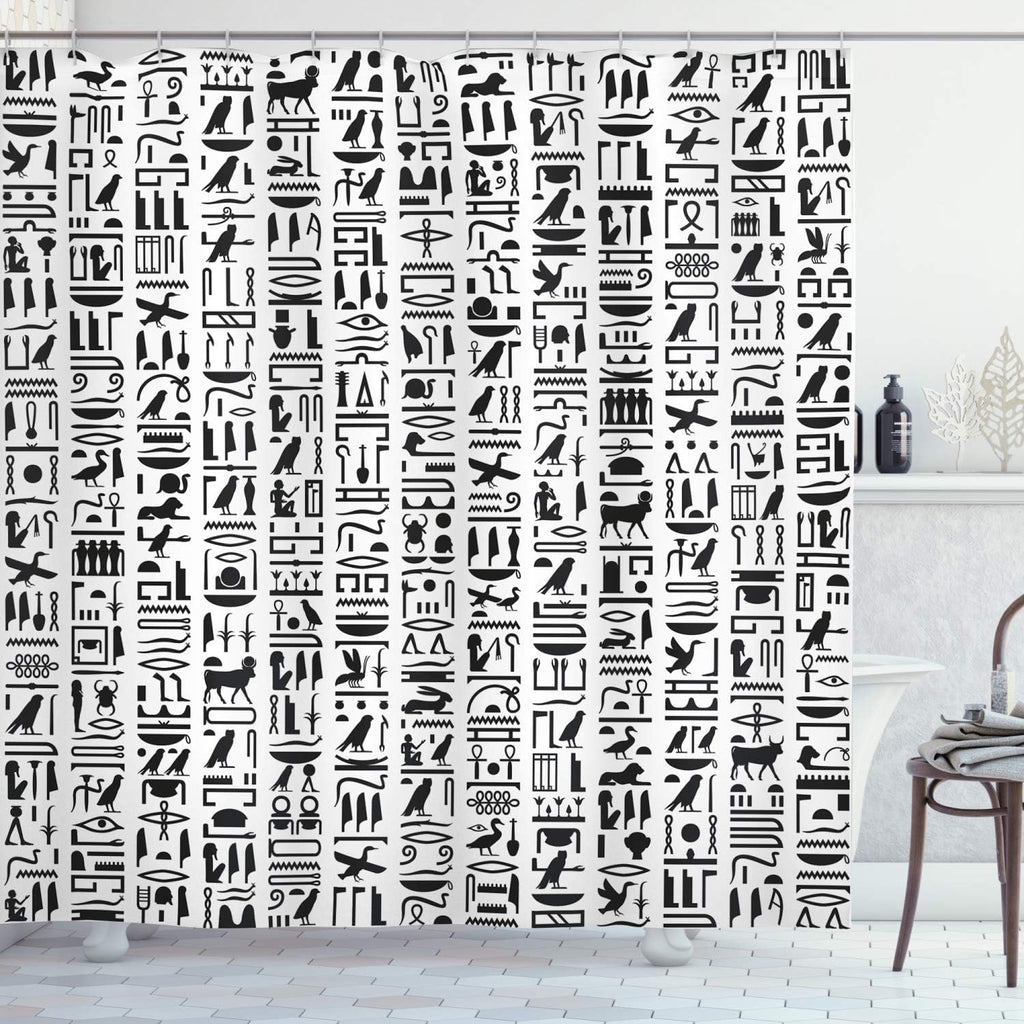Egyptian Print Shower Curtain, Egyptian Hieroglyphic Writing Monochrome Composition Old Signs, Cloth Fabric Bathroom Decor Set with Hooks, 69" W X 75" L, Charcoal and White