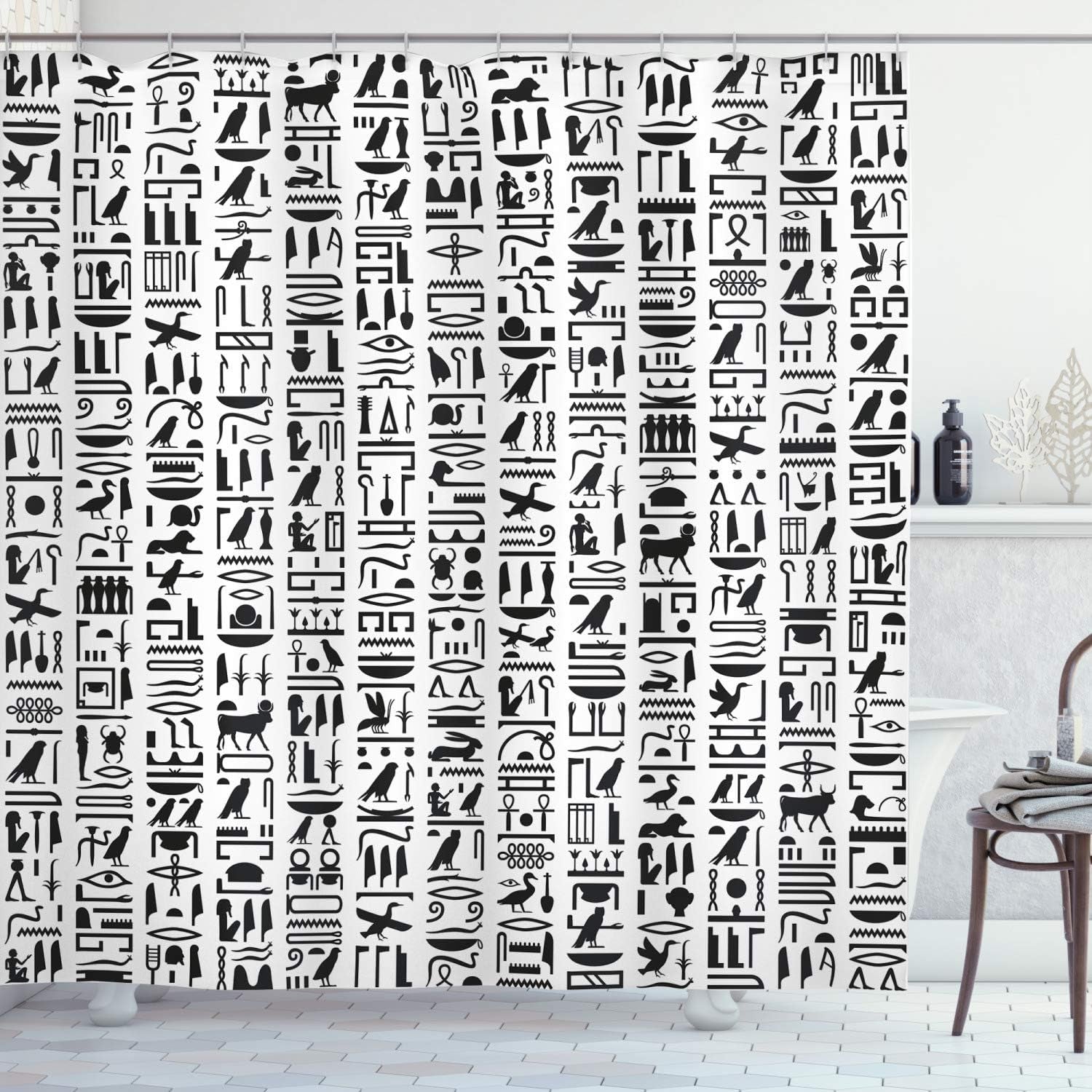 Egyptian Print Shower Curtain, Egyptian Hieroglyphic Writing Monochrome Composition Old Signs, Cloth Fabric Bathroom Decor Set with Hooks, 69" W X 75" L, Charcoal and White