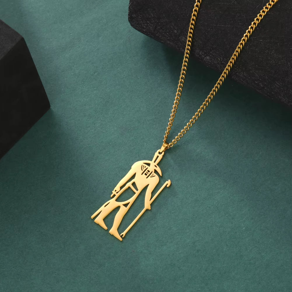 Egyptian God Talisman Stainless Steel Pendant Necklace for Women/Men Wisdom Thoth Ibis-Head Amulet Gold Plated Jewelry