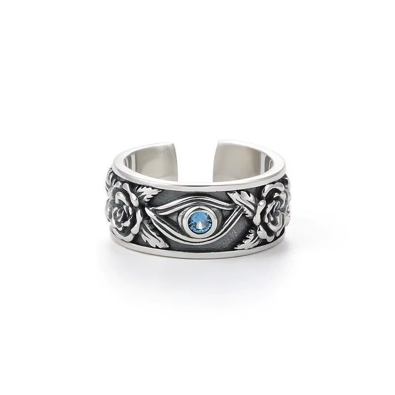 Retro Blue Horus Eye Rose Ring for Men Silver Color Punk Gothic Adjustable Ring Handmade Unisex Jewelry Accessories Lovers Gift