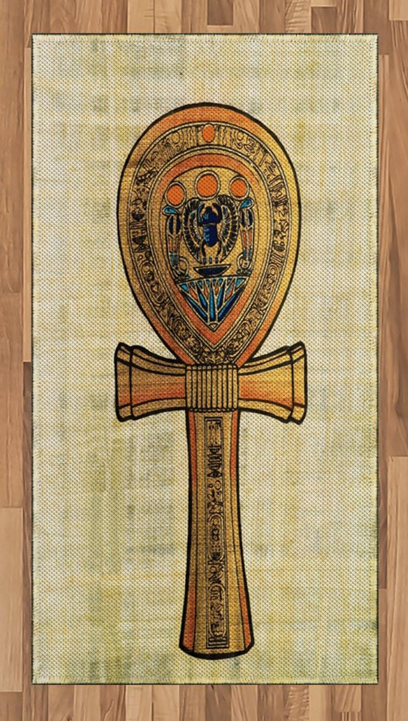 Egyptian Print Area Rug, Papyrus Presenting the Key of Life Traditional Empire Egyptian, Flat Woven Accent Rug for Living Room Bedroom Dining Room, 2' 6" X 5', Cream Orange