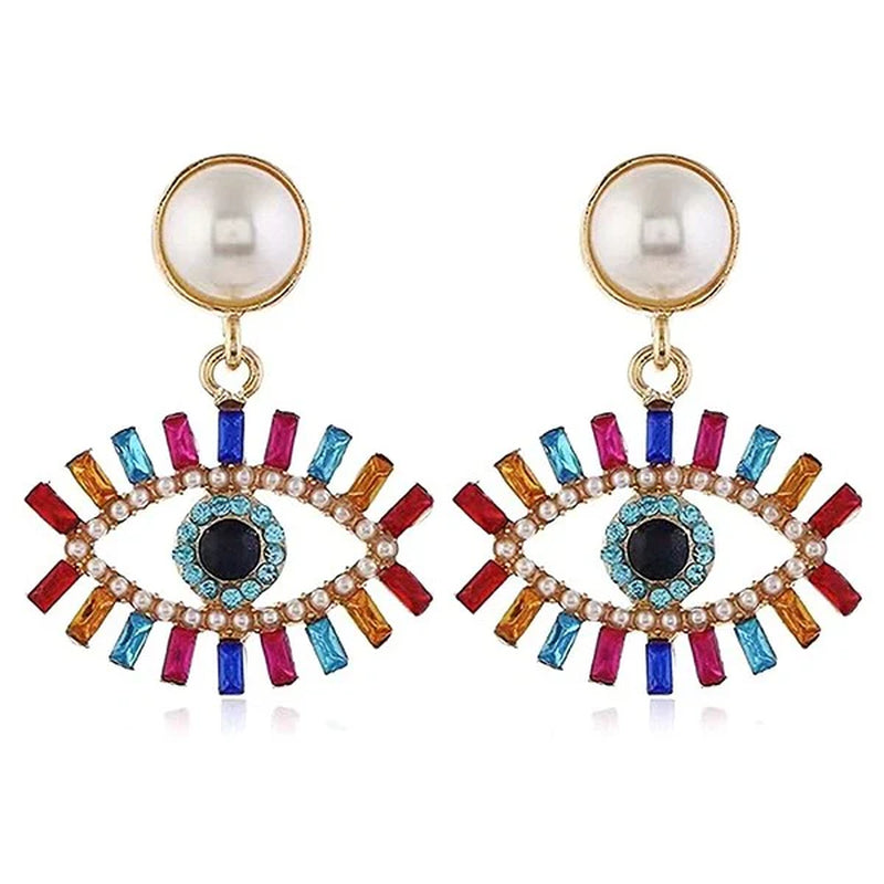 Evil Eye Pear Dangle Rhinestone Earrings