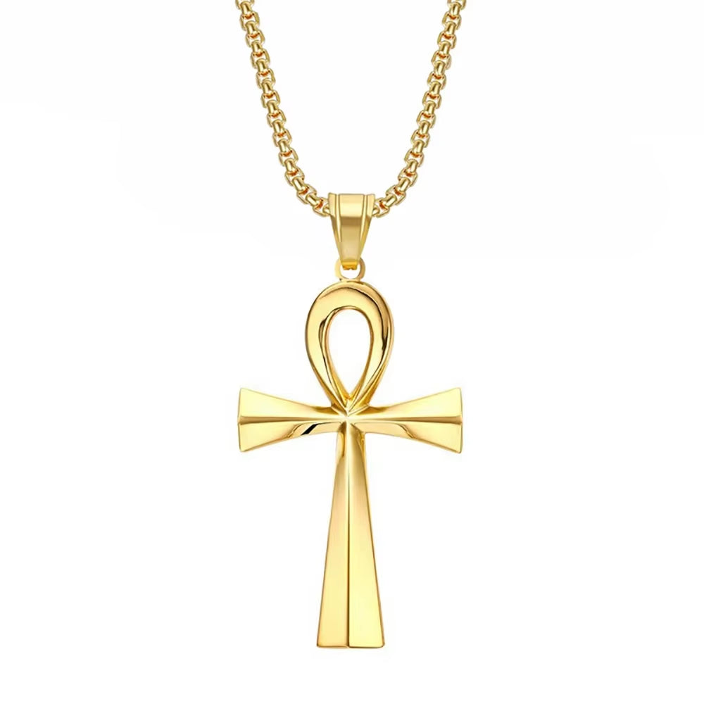 Egyptian Ankh Cross Necklaces Pendants Gold Color Stainless Steel Hieroglyphs Amulet Necklaces for Women Men Egypt Jewelry Gifts