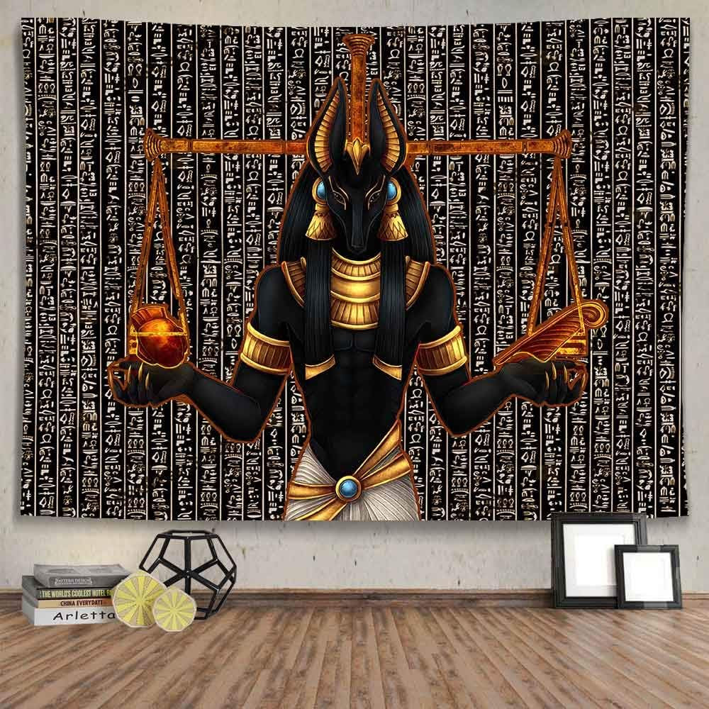 Egyptian Anubis Statue Tapestry Ancient Egypt Religious Mythical Tapestries 80 X60 Inch Egyptian Hieroglyphs Wall Art Decor for Living Room and Bedroom