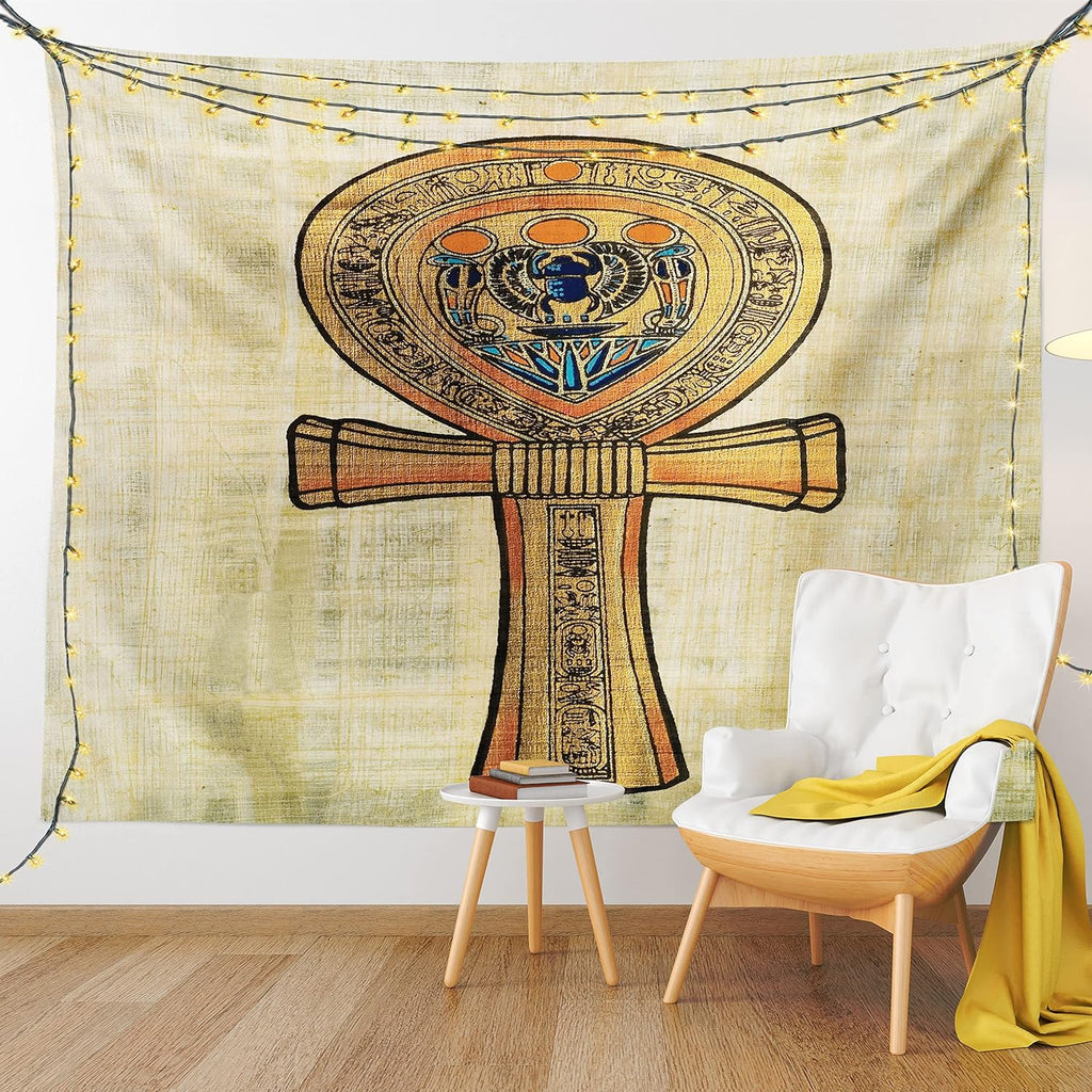 Egyptian Print Tapestry, Papyrus Presenting the Key of Life Traditional Empire Egyptian, Wall Hanging for Bedroom Living Room Dorm Decor, 40" X 60", Cream Orange