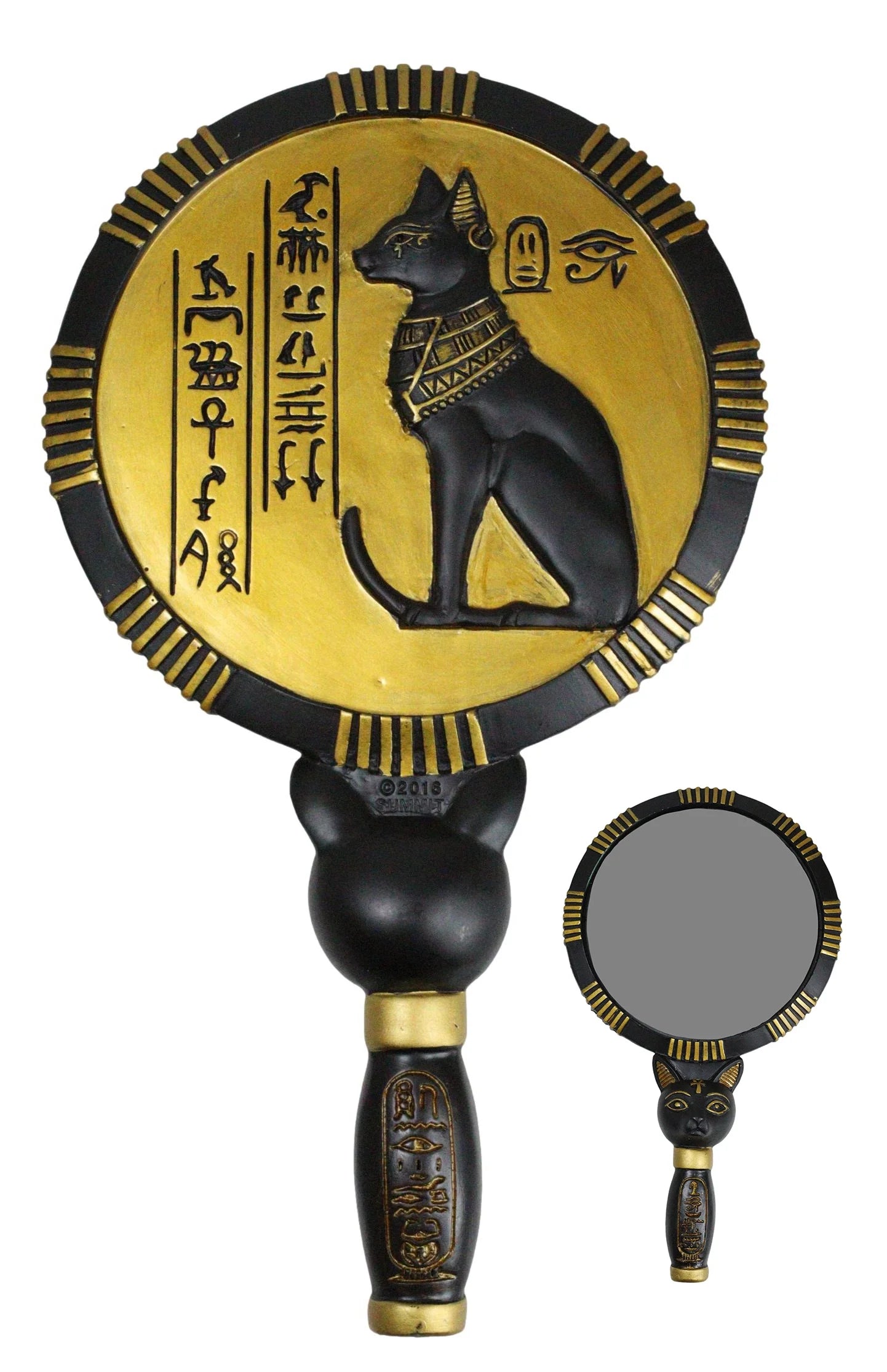 Ancient Egyptian Hieroglyphs Golden Goddess Bastet Cat Hand Mirror Figurine