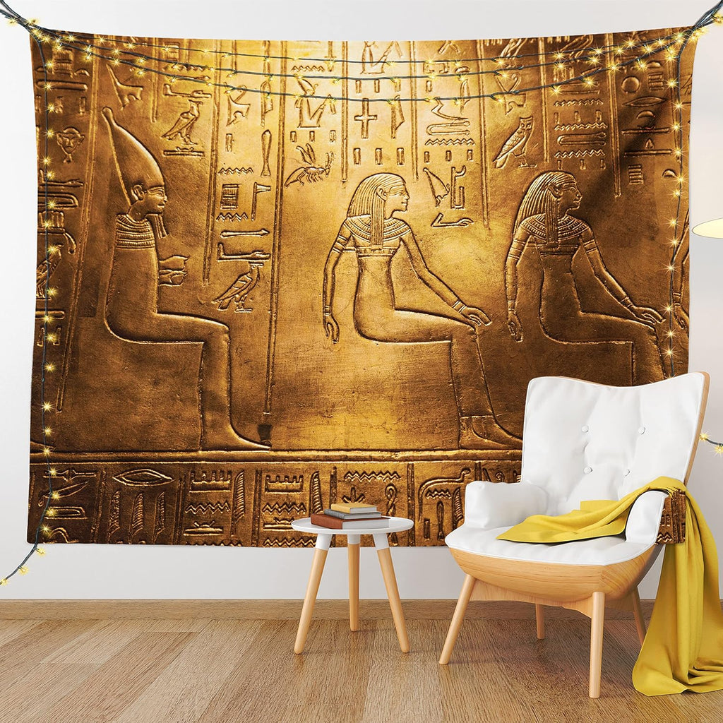 Egyptian Print Tapestry Twin Size, Egypt Hieroglyphics Old Logographic Details Alphabetic Elements, Wall Hanging Bedspread Bed Cover Wall Decor, Twin Size, Coffee Brown