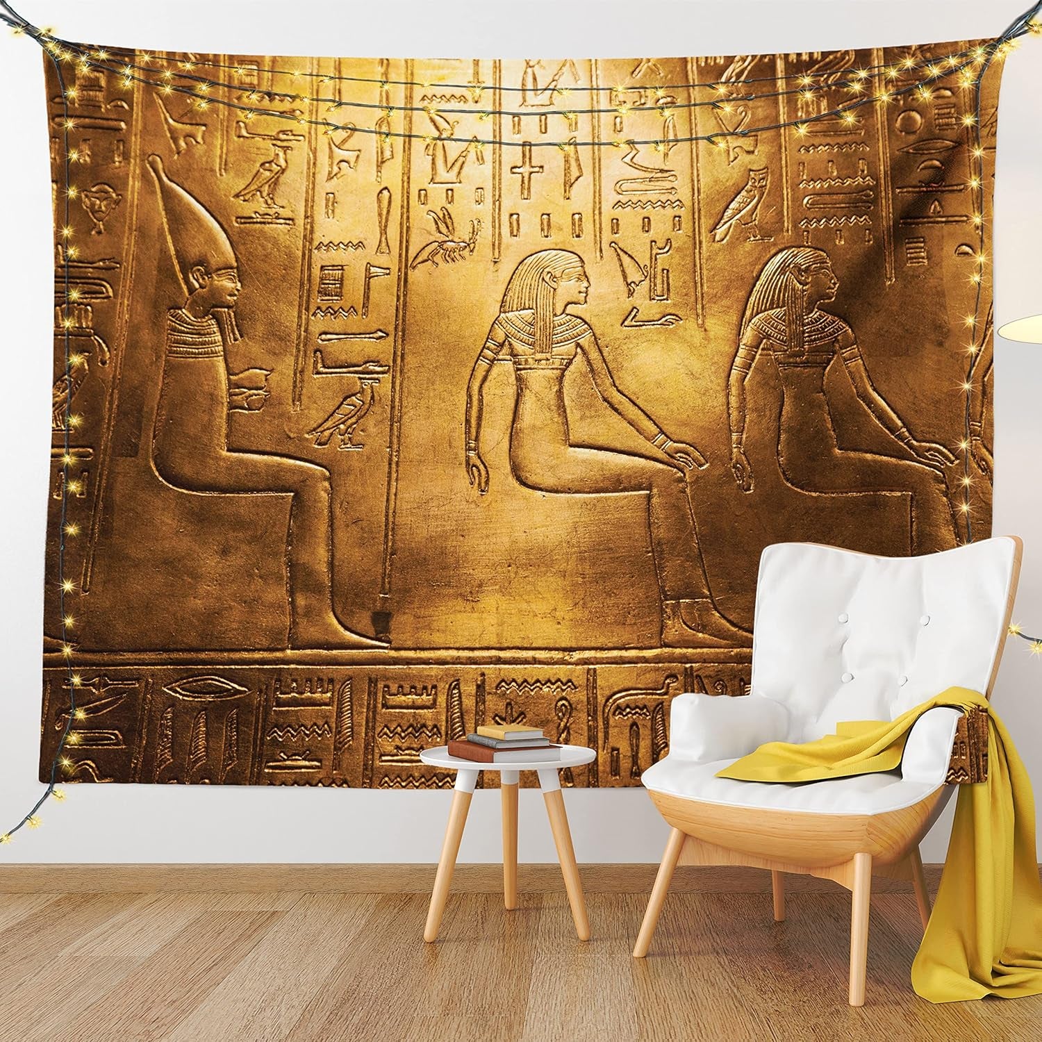 Egyptian Print Tapestry Twin Size, Egypt Hieroglyphics Old Logographic Details Alphabetic Elements, Wall Hanging Bedspread Bed Cover Wall Decor, Twin Size, Coffee Brown