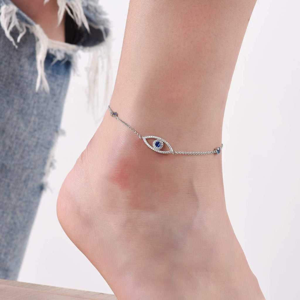 Evil Eye Anklet, Sterling Silver Adjustable Anklets for Womens,Cubic Zirconia Blue Evil Eye Jewelry Gifts for Women(Anklet 10 Inches)