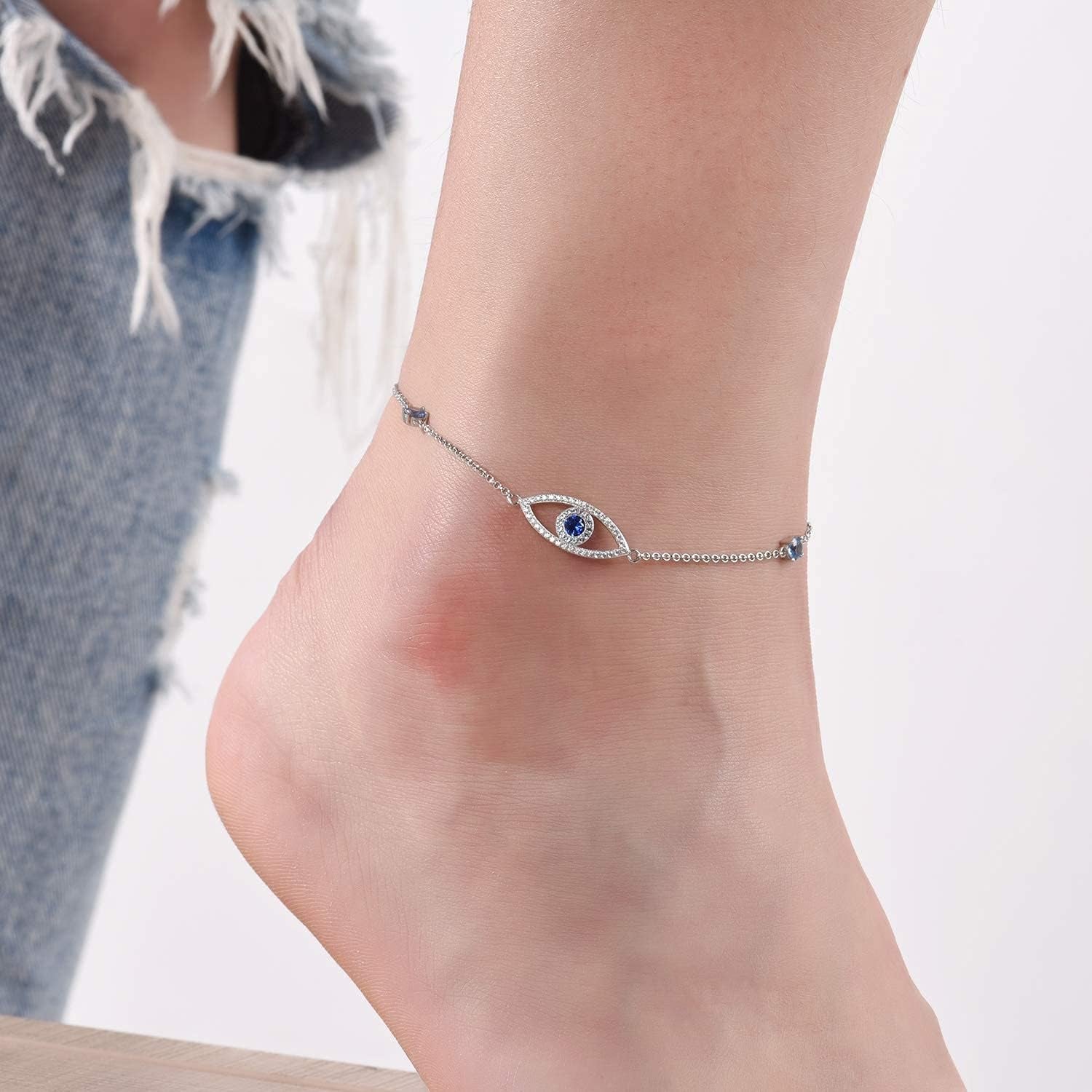 Evil Eye Anklet, Sterling Silver Adjustable Anklets for Womens,Cubic Zirconia Blue Evil Eye Jewelry Gifts for Women(Anklet 10 Inches)