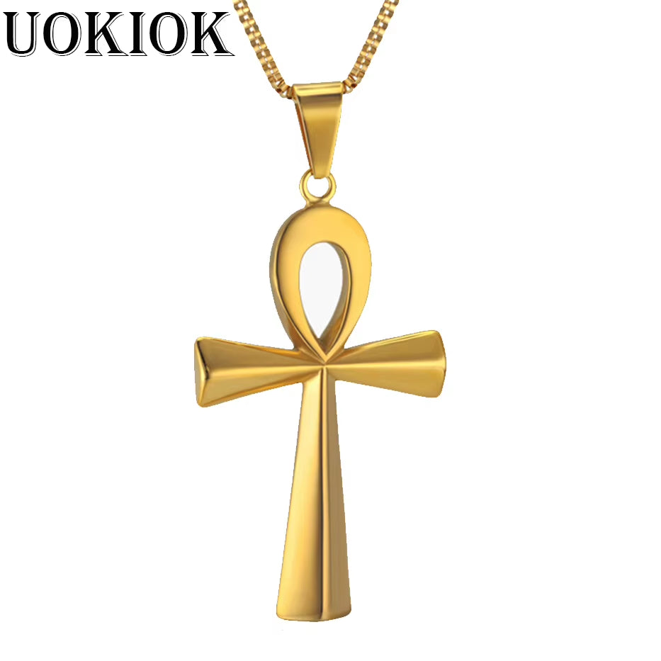 Egyptian Ankh Cross Charm Pendant Necklace for Woman/Men Key of Life Gold Silver Color Stainless Steel Egypt Hieroglyph Jewelry