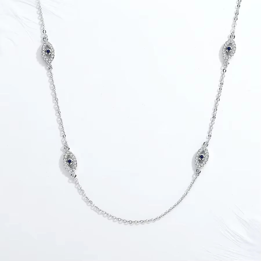 925 Sterling Silver Necklace Earrings Women round Luck Evil Eye Ring Necklaces Blue Zircon Long Link Turkey Jewelry Set