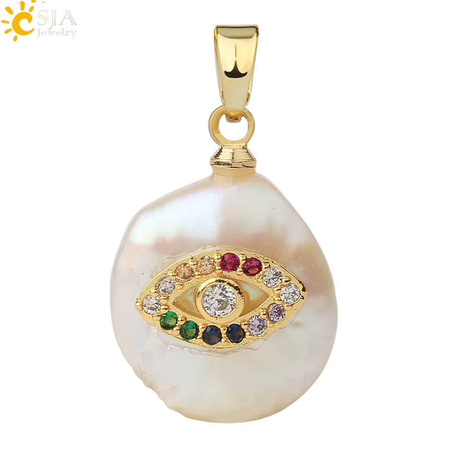 CSJA Coin Freshwater Pearl Pendants Small Size Evil Eye Hamsa Fatima Hand Zircon Gold Color Necklace Choker for Women Girls G205
