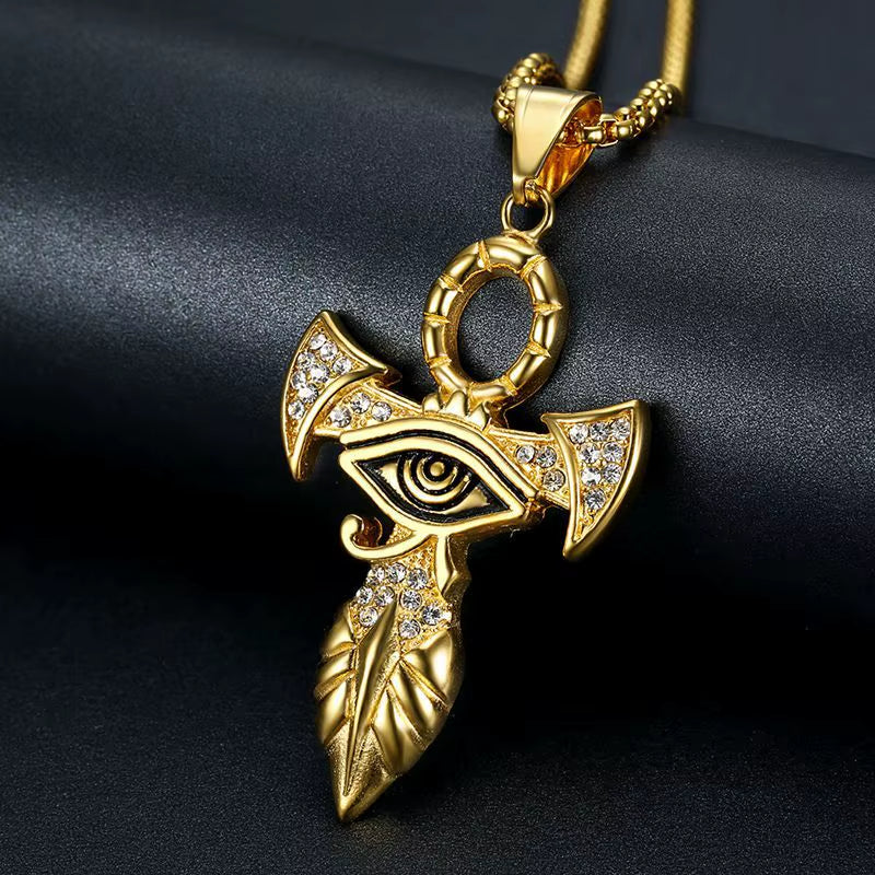Egyptian Ankh Cross Pendant Necklace for Women/Men Gold Color Stainless Steel Eye of Horus Necklace Iced Out Bling Egypt Jewelry