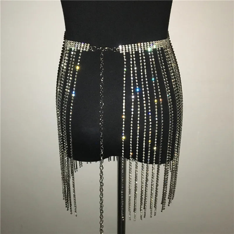 Glitter Rhinestone Long Tassel Jewel Skirts Crystal Diamonds Fringe Adjustable Sexy Women Summer Beach Bikini Mini Skirt