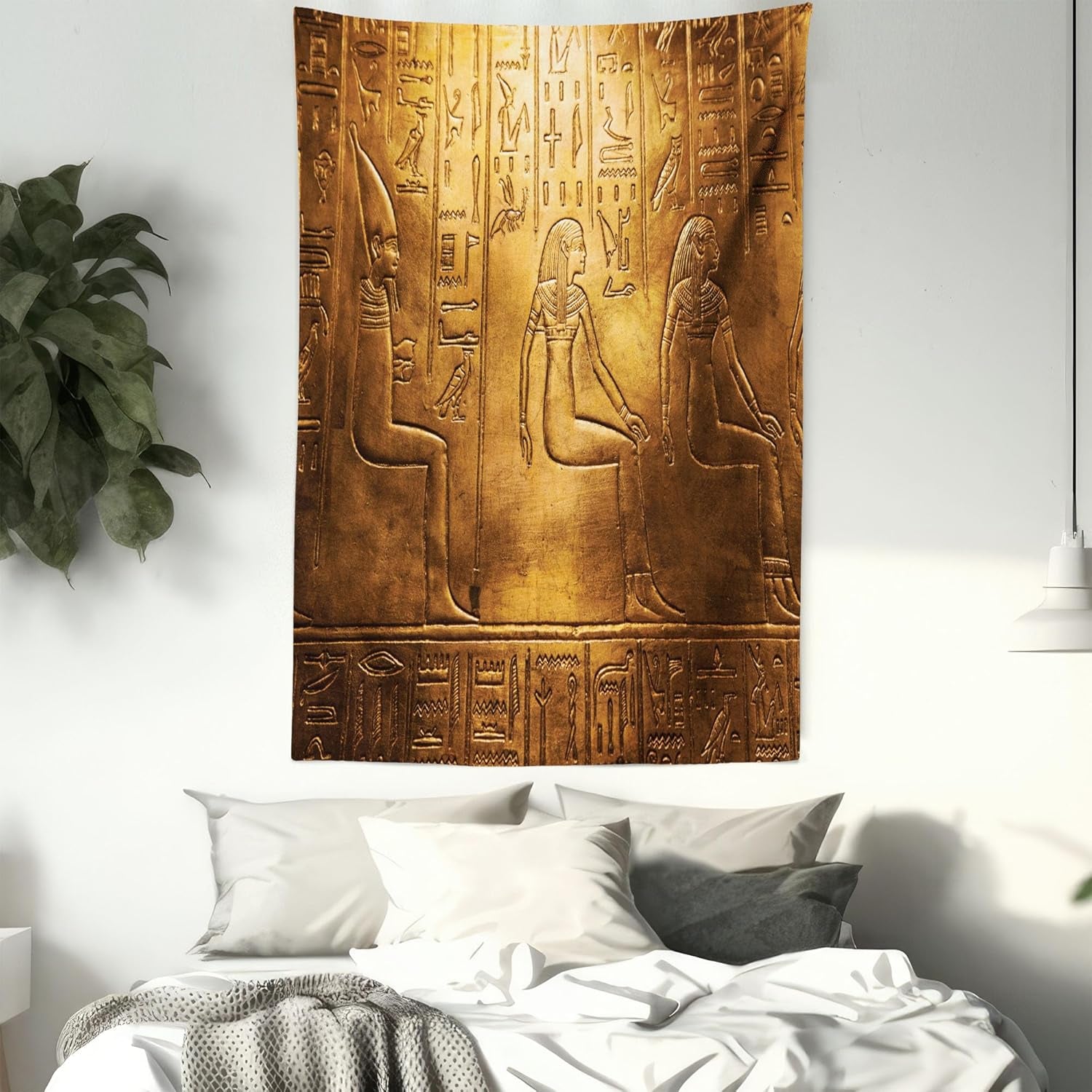 Egyptian Print Tapestry Twin Size, Egypt Hieroglyphics Old Logographic Details Alphabetic Elements, Wall Hanging Bedspread Bed Cover Wall Decor, Twin Size, Coffee Brown